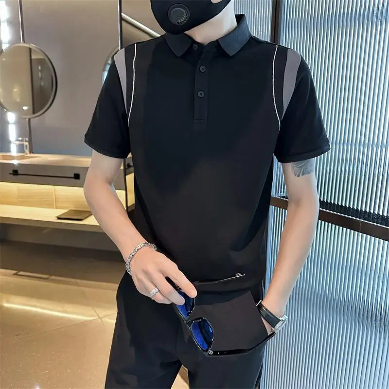 2025 verão nova emenda cor manga curta polos camisa de alta qualidade dos homens seda gelo fino ajuste casual camiseta roupas masculinas 4xl