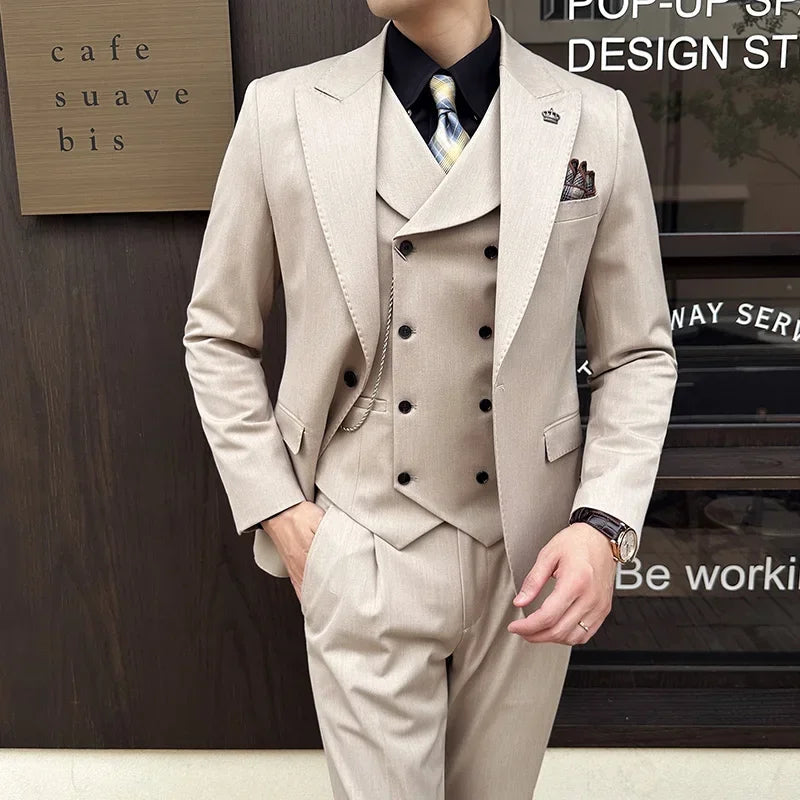 (Jaquetas + calças + colete) homens de alta qualidade fino ajuste festa smoking 3 peças moda duplo breasted colete design casamento terno social