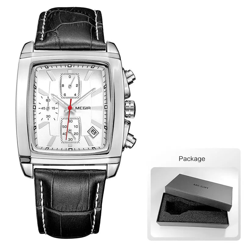 Megir retângulo dial pulseira de couro relógio para homem casual azul cronógrafo relógios de quartzo homem relógio de pulso montre reloj Часы m �