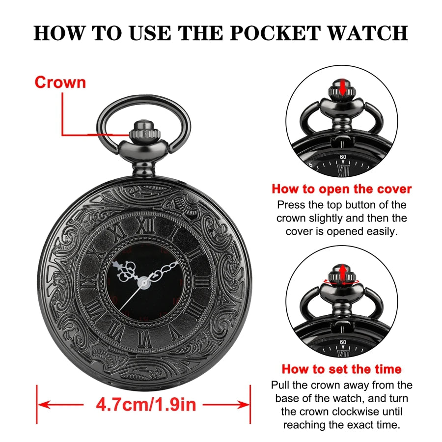Preto numerais romanos relógio de bolso de quartzo masculino feminino preto oco caso steampunk vintage pingente colar melhores presentes para homens