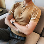 Cor bloqueada listrado camisa polo de malha dos homens verão manga curta lapela gelo seda t masculino fino negócios polos sociais streetwear