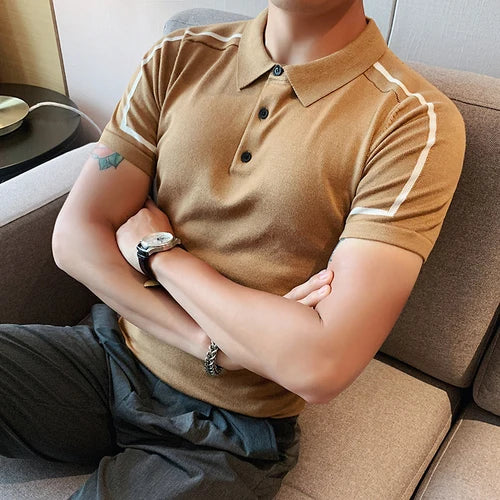Cor bloqueada listrado camisa polo de malha dos homens verão manga curta lapela gelo seda t masculino fino negócios polos sociais streetwear