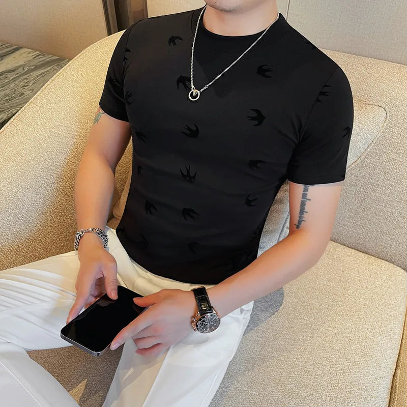 Alta qualidade verão reunindo impressão manga curta camiseta moda masculina fino ajuste em torno do pescoço casual negócios camisetas streetwear 4xl