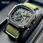Megir relógio de quartzo preto masculino, à prova d'água, mostrador quadrado, relógio de pulso com cronógrafo, pulseira de aço inoxidável, mãos luminosas, data automática