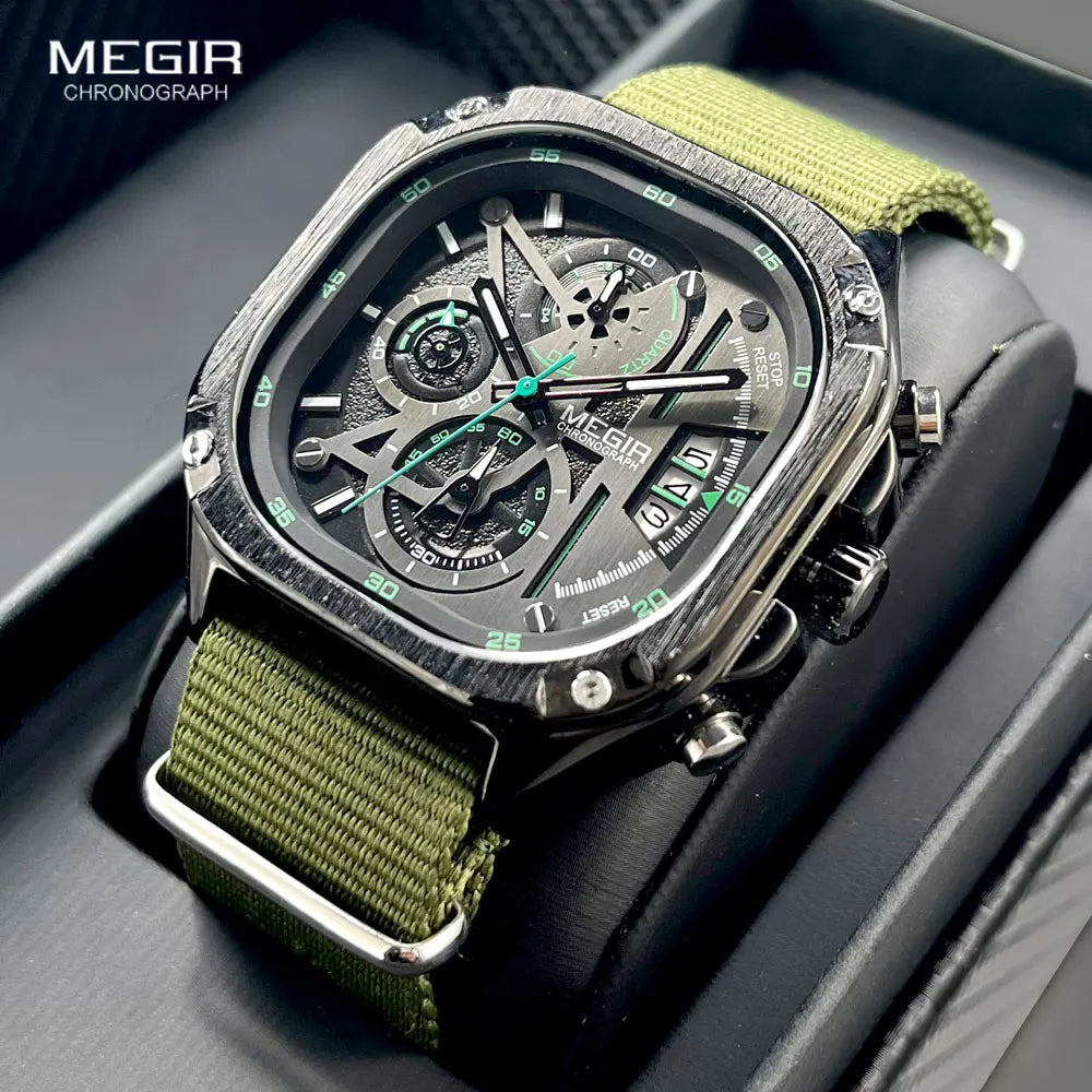 Megir relógio de quartzo preto masculino, à prova d'água, mostrador quadrado, relógio de pulso com cronógrafo, pulseira de aço inoxidável, mãos luminosas, data automática