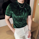 Camiseta bronzeadora de veludo dourado primavera verão novo o-pescoço moda masculina fino ajuste casual respirável t camisa pulôver roupas masculinas