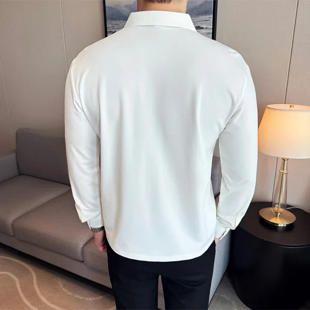 Camisa polo masculina com decote em v, alta elasticidade, sem marcação, alta qualidade, manga comprida, lapela, sólida, slim fit, camiseta casual, roupas masculinas 4xl