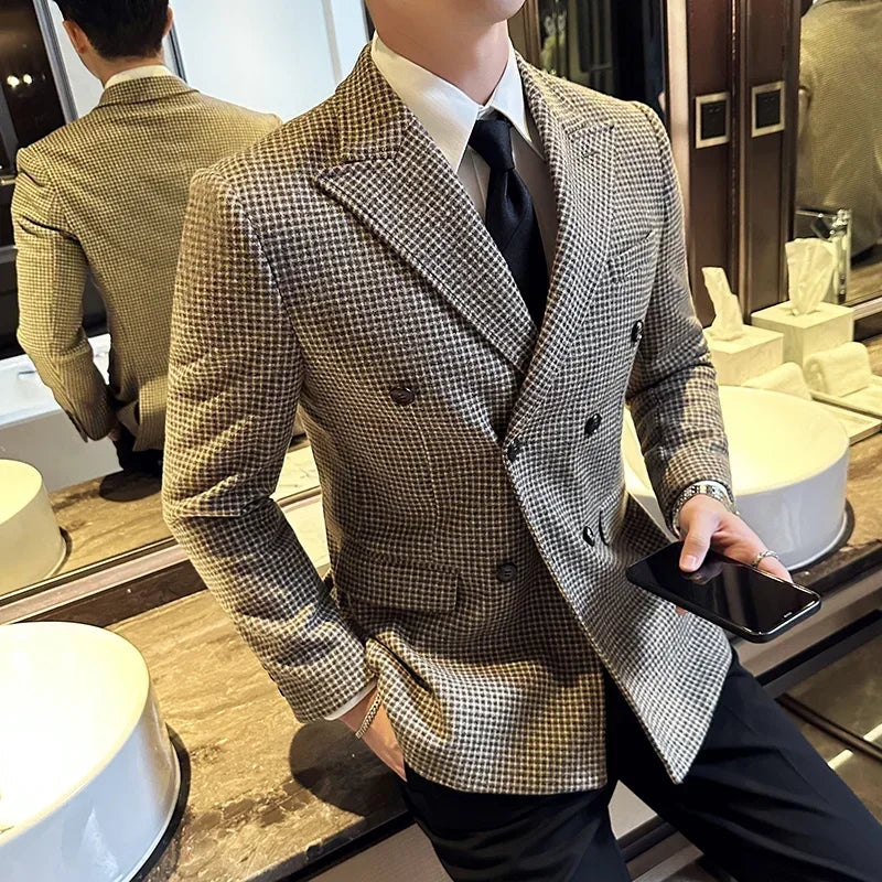 Estilo britânico masculino duplo breasted fino ajuste blazer 2024 novo houndstooth fino ajuste terno jaqueta formal de negócios vestido de casamento jaqueta