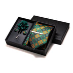 Gravatas luxuosas de seda com listras verdes escuras, acessórios de casamento, gravata masculina, bolso quadrado, abotoaduras, pino e caixa de presente elegante
