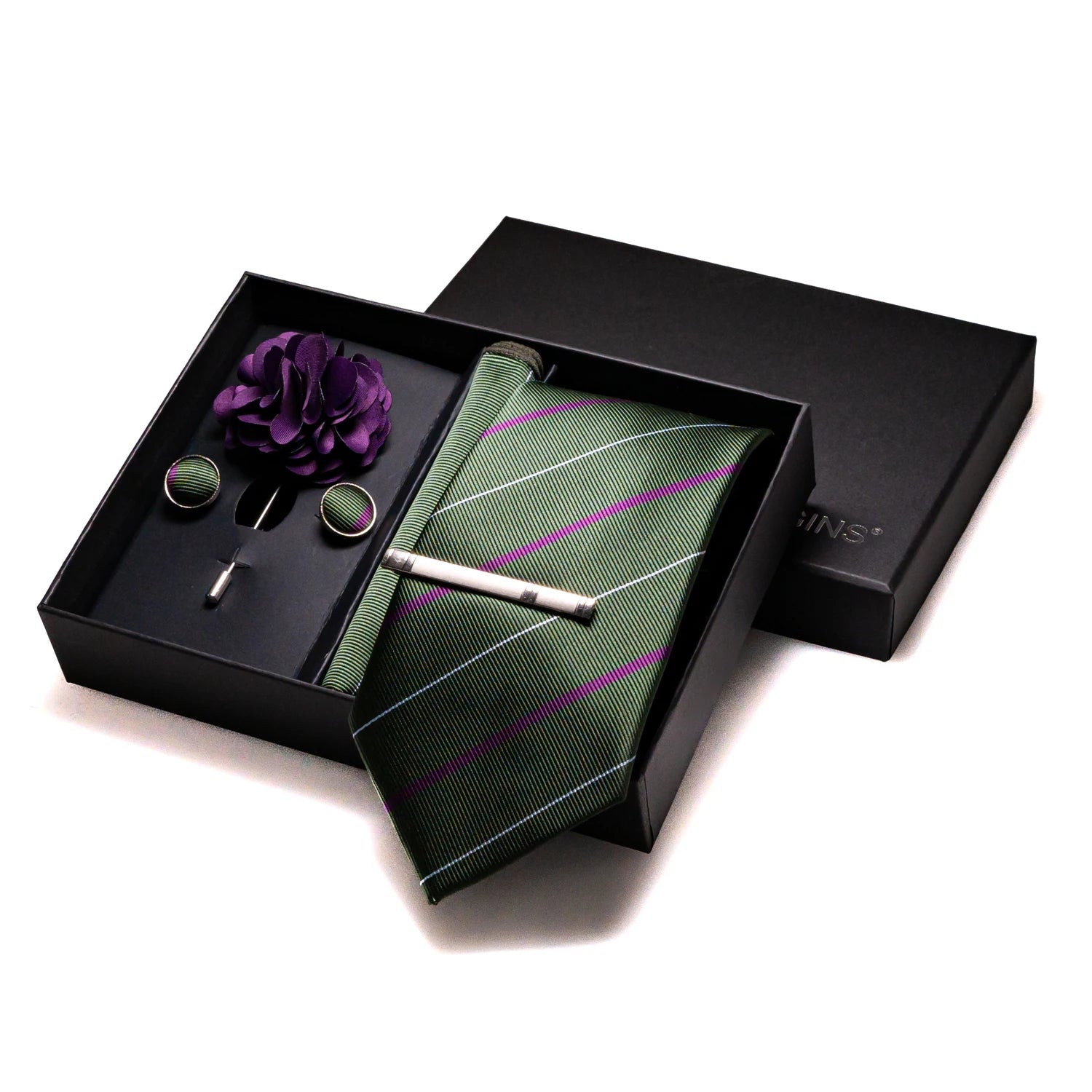 Gravatas luxuosas de seda com listras verdes escuras, acessórios de casamento, gravata masculina, bolso quadrado, abotoaduras, pino e caixa de presente elegante