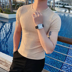 Estilo britânico verão fino gelo seda sólida t camisas roupas masculinas 2022 em torno do pescoço manga curta fino ajuste casual camiseta topo streetwear