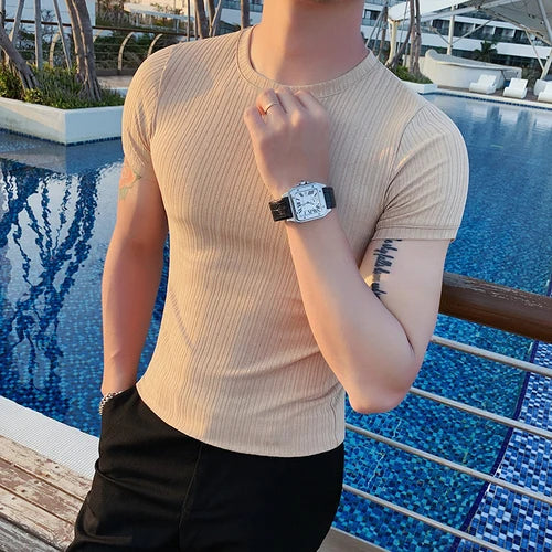 Estilo britânico verão fino gelo seda sólida t camisas roupas masculinas 2022 em torno do pescoço manga curta fino ajuste casual camiseta topo streetwear