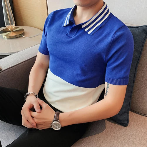 Camiseta polo masculina emendada com gola v, alta qualidade, manga curta, seda gelada, elasticidade, camiseta casual de lapela, 3XL-M, verão, 2023