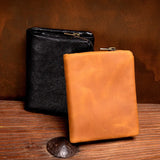 Carteira curta original de couro curtido vegetal, carteira retrô de camada superior de couro, carteira multifuncional de couro genuíno feita à mão