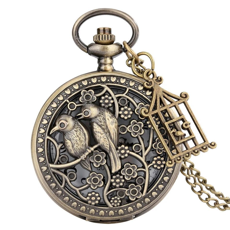 Dois pequenos pássaros estilo retro relógio de bolso de quartzo corrente steampunk colar pingente fob relógio animal com gaiola acessório