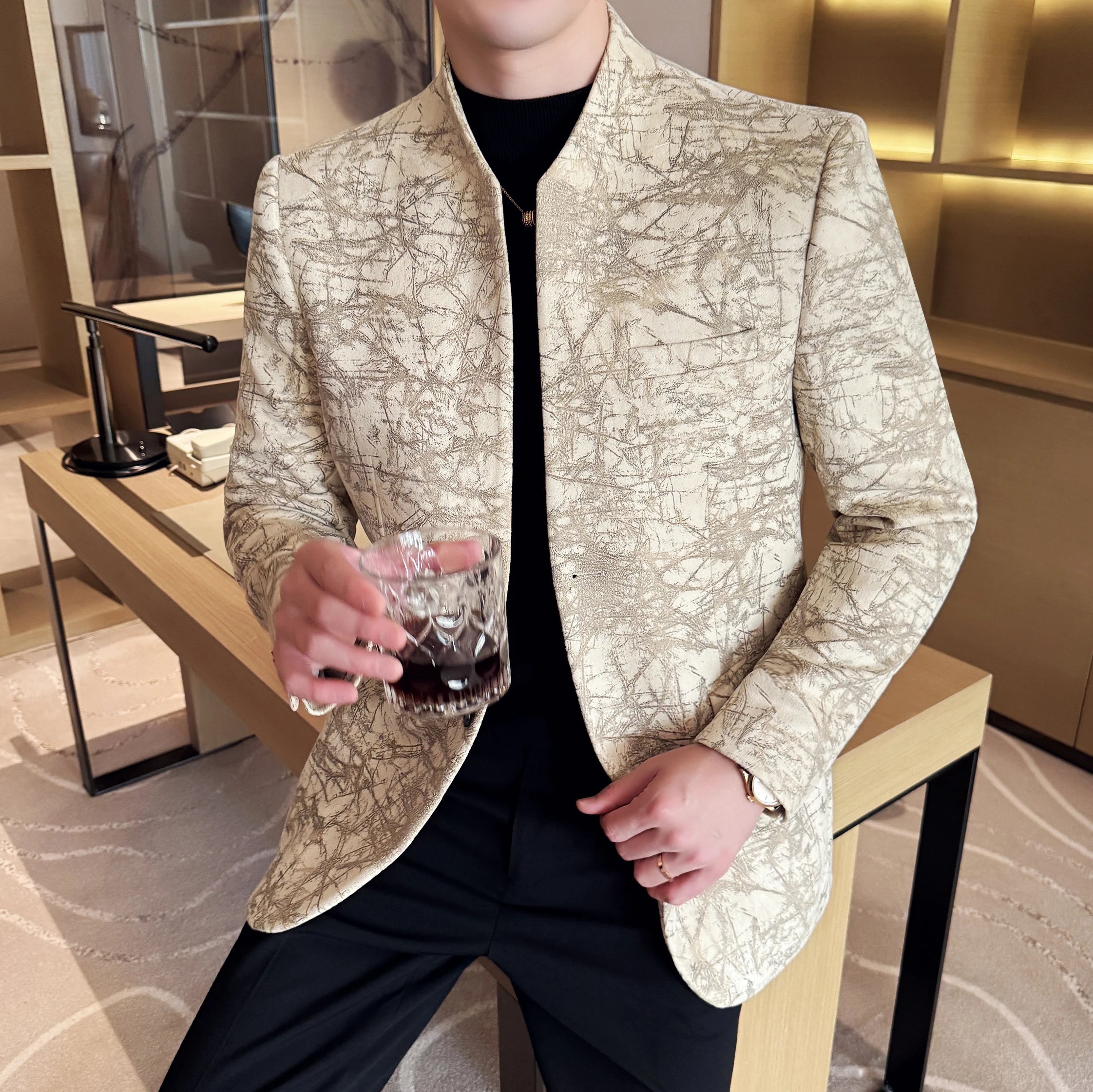 Novo estilo chinês gola alta jacquard terno casacos homens fino negócios casual moda ternos jaqueta formal festa social smoking