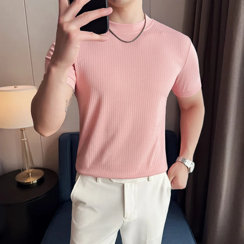 2025 moda risca de giz camisetas masculinas primavera verão o-pescoço fino ajuste casual respirável t camisa pulôver roupas masculinas 4xl-m