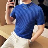 Moda listra impressa t camisas para homens verão casual meia alta pescoço fino ajuste respirável camisetas pullovers roupas masculinas 4xl-m