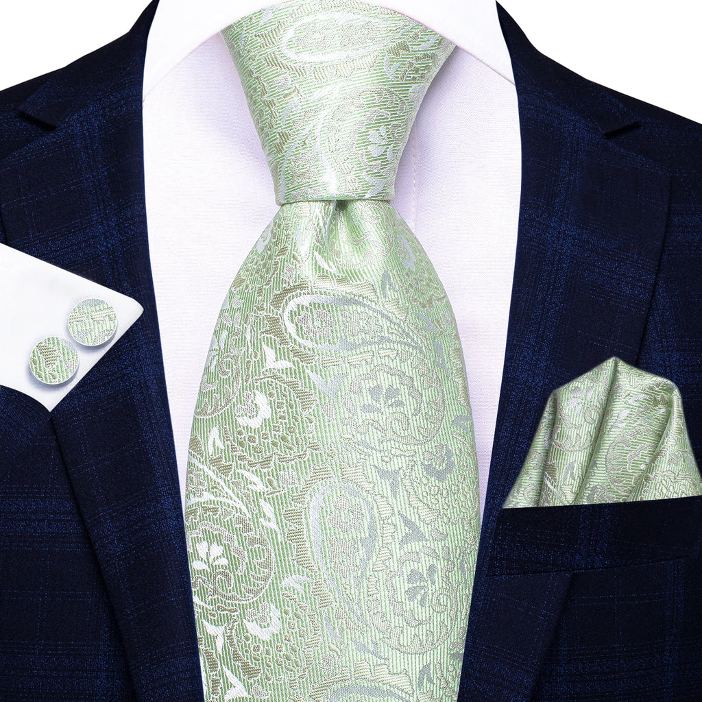 Hi-tie caixa de presente de luxo luz verde paisley jacquard padrão macio lenço masculino abotoaduras conjunto casamento alta qualidade
