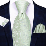Hi-tie caixa de presente de luxo luz verde paisley jacquard padrão macio lenço masculino abotoaduras conjunto casamento alta qualidade