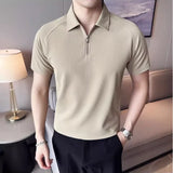 Verão masculino sólido camisa polo 2025 moda turn down collar zíper design fino ajuste casual elástico camisetas roupas masculinas 4xl-m