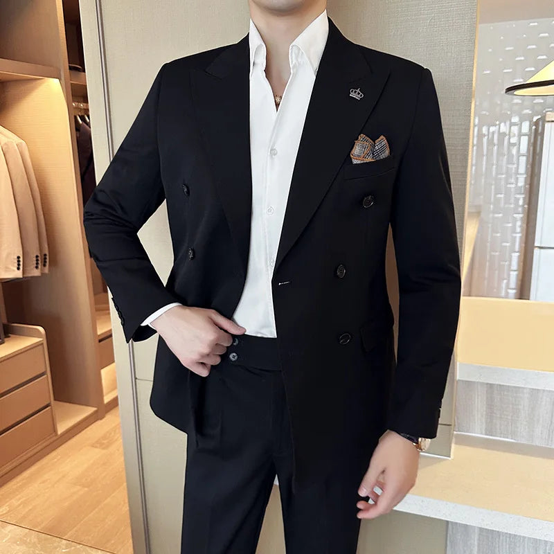 (Blazer + calças) moda duplo breasted design fino terno masculino estilo italiano luxo casamento festa social smoking 2 peça conjunto