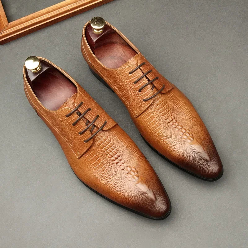 Sapato liso Oxford de couro genuíno masculino, preto, azul, padrão crocodilo, artesanal, sapatos formais, casamento, negócio, verão