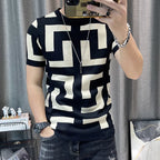 Camiseta coreana de malha com decote em O masculina, blusa de manga curta, camiseta justa, streetwear casual masculino, clube social, luxo, outono, 2022