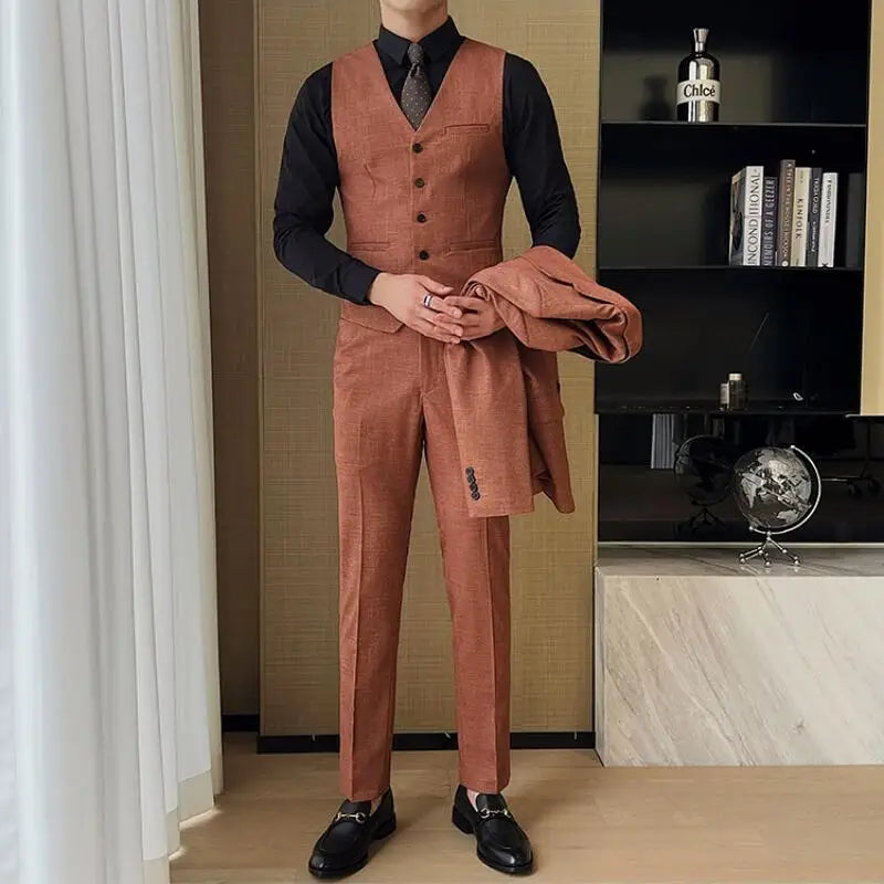 Smoking formal de luxo masculino, jaqueta, colete e calça, terno justo para noivo, casamento, festa de trabalho, high-end, novo, 3 peças, 2022