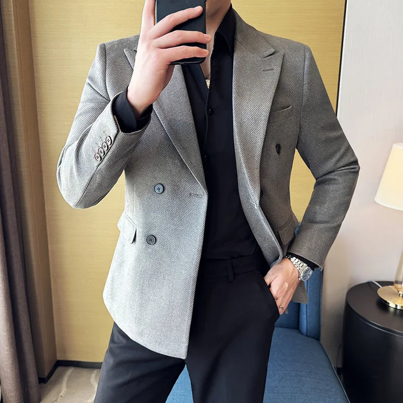 Homens de alta qualidade duplo breasted blazer camurça sarja dourada fino ajuste negócios social formal terno jaqueta tailcoats roupas masculinas