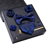 Conjunto de gravata paisley preta de luxo masculino, caixa de presente inclui gravata, gravata borboleta, lenço, abotoaduras, anel, clipe de lapela, boutonniere.
