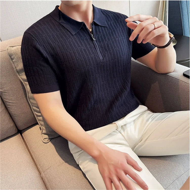 Verão gelo seda oco malha polos camisa de alta qualidade dos homens manga curta listrado negócios casual camiseta topos roupas masculinas 3xl