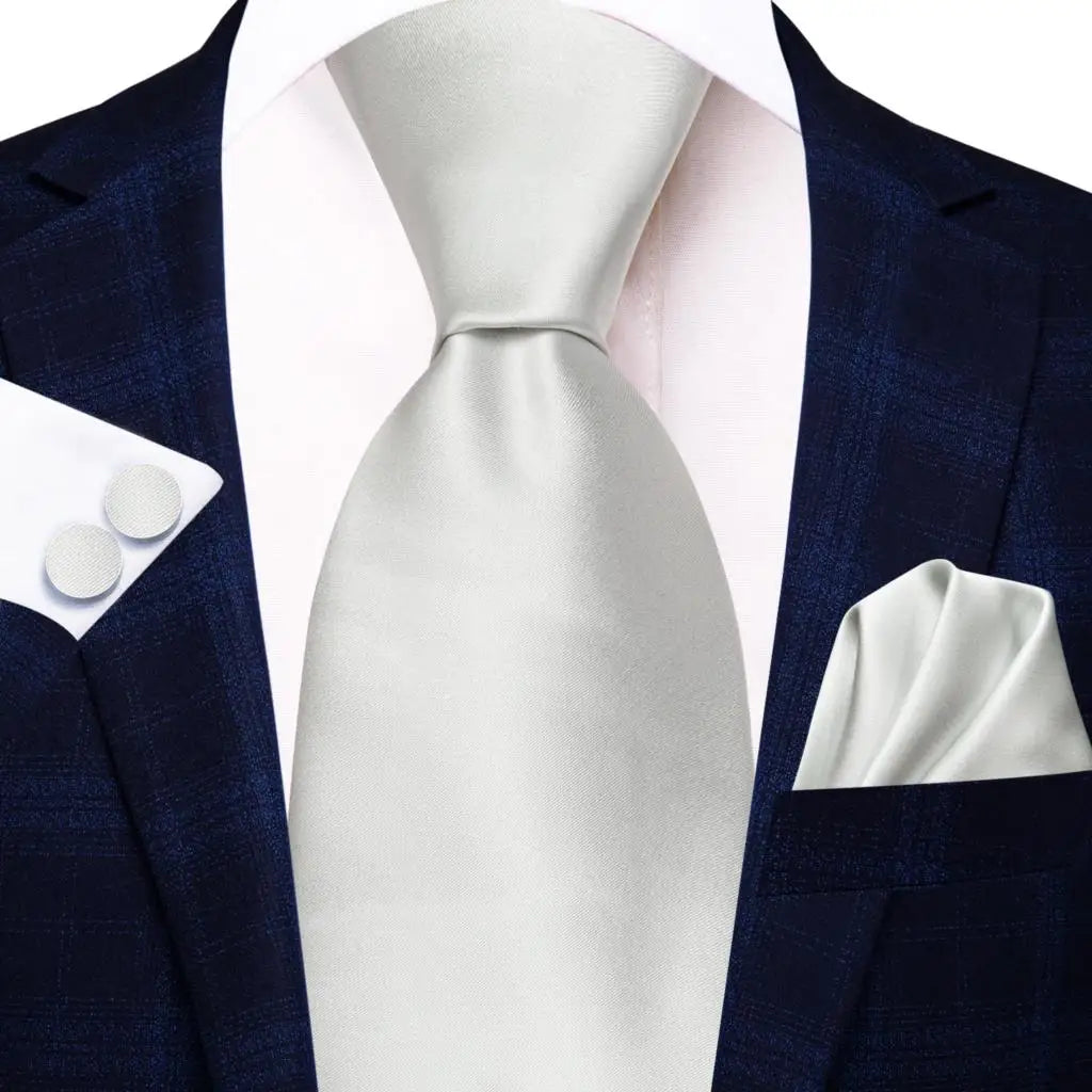 Gravatas masculinas branco sliver hanky abotoaduras conjunto de seda pescoço laços para festa de casamento negócios gravata masculina 2022 nova marca de moda hi-tie