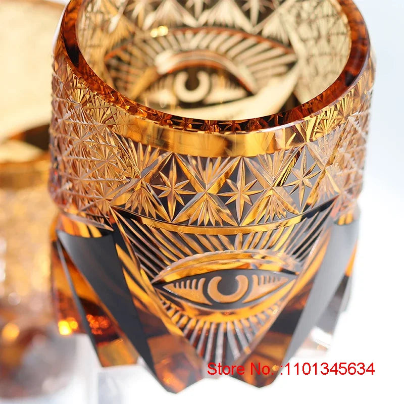 Olho de deus edo kiriko copo de vinho corte à mão âmbar cristal copo de uísque símbolo de energia high end brandy snifter rock vidro para chefe