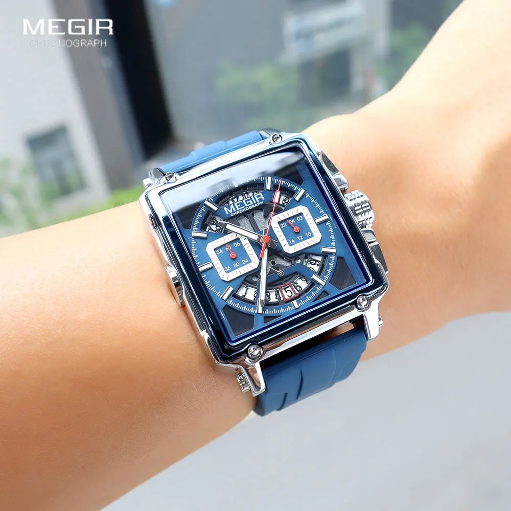 MEGIR-Relógio de quartzo quadrado masculino, moda, impermeável, luminoso, cronógrafo, data, azul, Silicone Strap, esporte, 2233