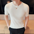 Camisola de malha de manga curta, camiseta elástica, gola redonda, slim fit, meia manga coreana, camiseta listrada, novo, verão, 6 cores, 2024