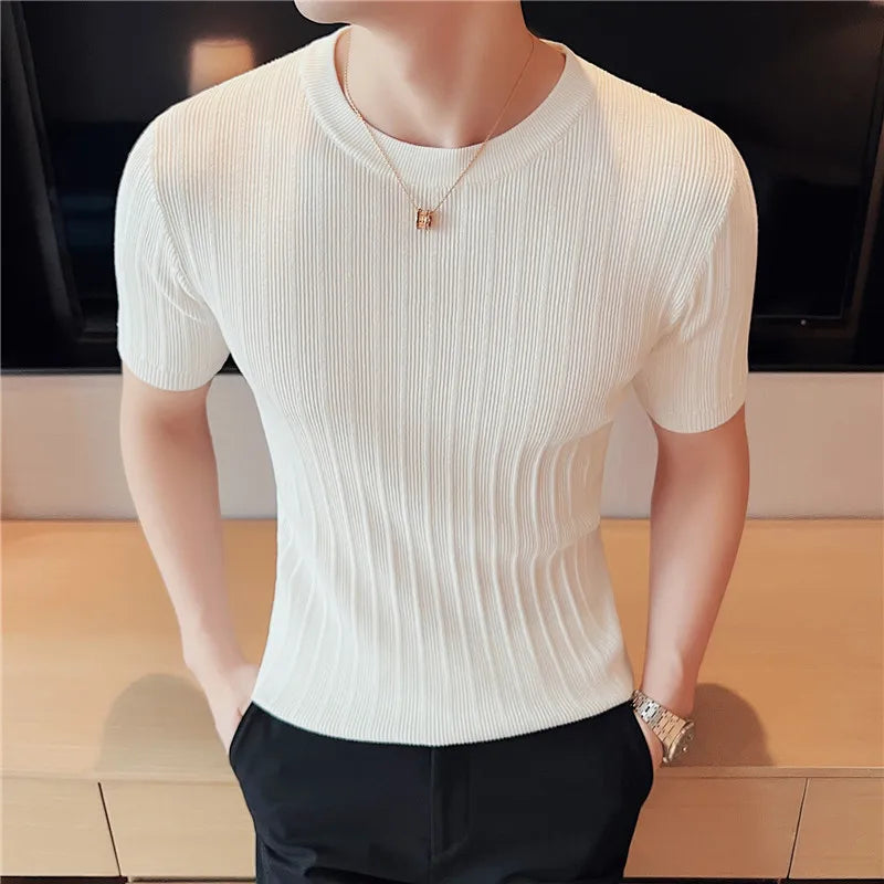 Camisola de malha de manga curta, camiseta elástica, gola redonda, slim fit, meia manga coreana, camiseta listrada, novo, verão, 6 cores, 2024