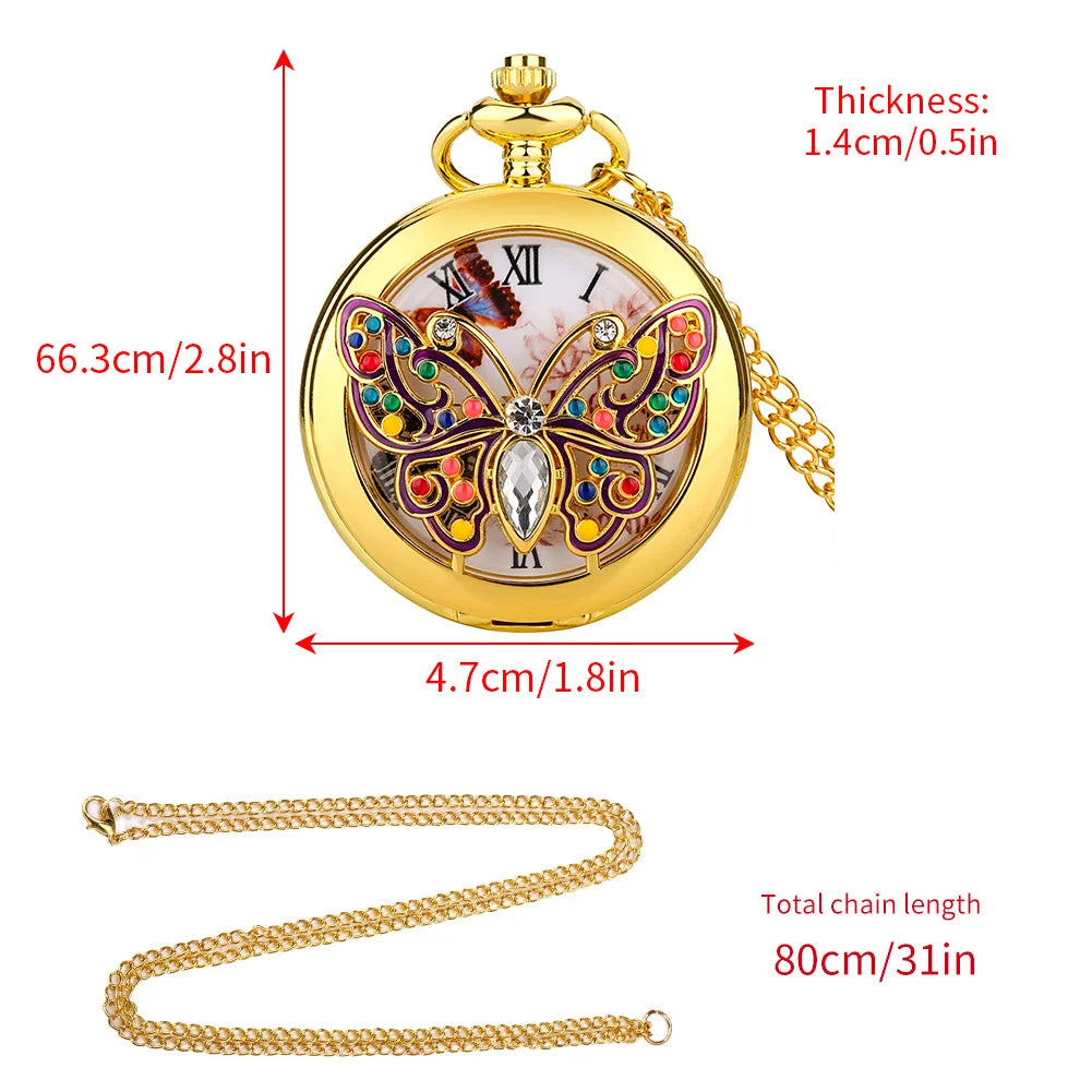 Relógio de bolso de quartzo libélula cristal diamante incrustado para mulheres, colar charmoso, pingente corrente, vestido elegante, relógio fob match