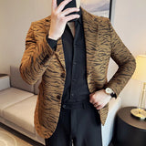 Blazers com estampa de leopardo masculino, casaco justo, terno casual de negócios de alta qualidade, vestido de festa social, na moda
