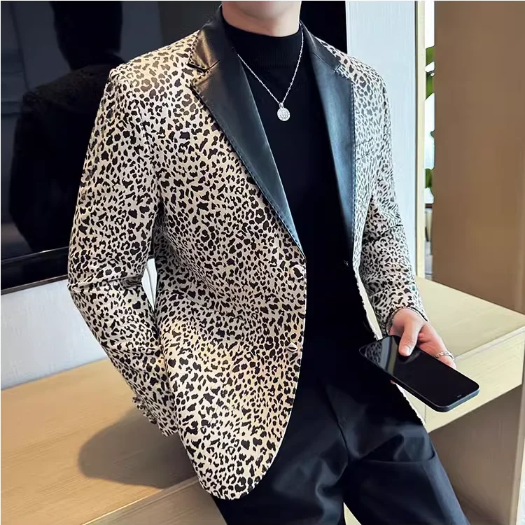 Emenda de couro pescoço casual terno jaqueta moda leopardo negócios masculino fino ajuste social formal blazers casamento noivo smoking
