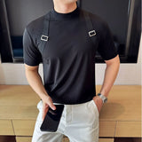 T-shirt de tecido masculino para decoração, slim fit, elástico, gola meia alta, camiseta de manga curta, design de emenda, moda coreana, nova