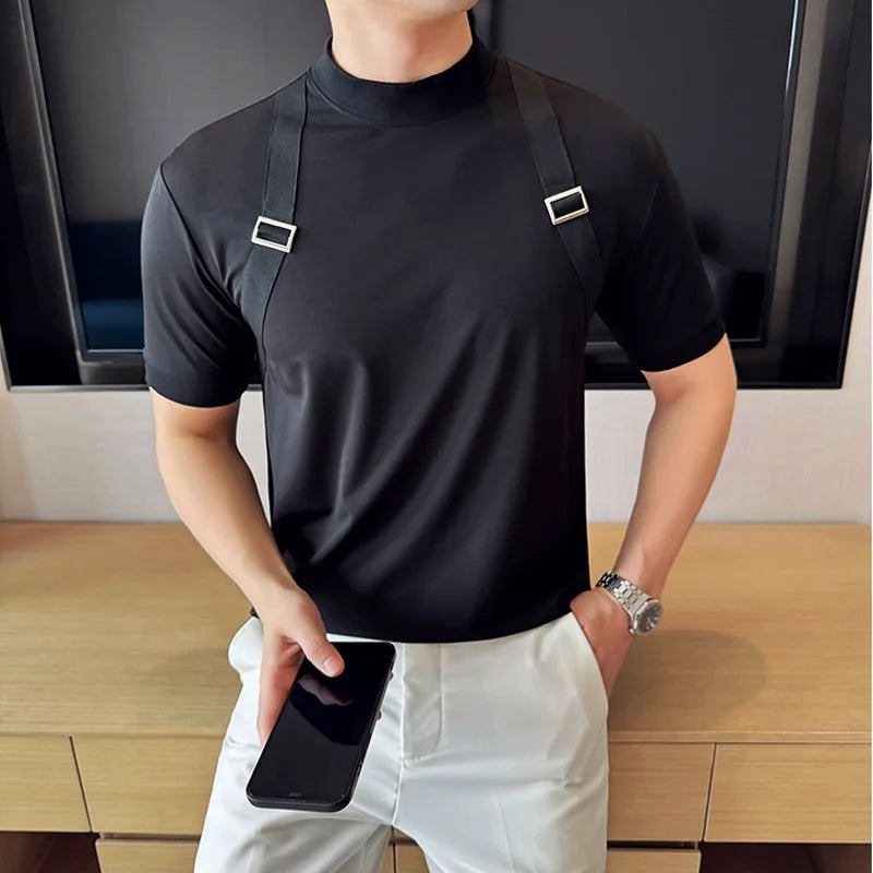 T-shirt de tecido masculino para decoração, slim fit, elástico, gola meia alta, camiseta de manga curta, design de emenda, moda coreana, nova