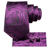 Conjunto de gravata paisley roxa de luxo masculino, caixa de presente com gravata, gravata borboleta, lenço, abotoaduras, anel, clipe de lapela e boutonniere.