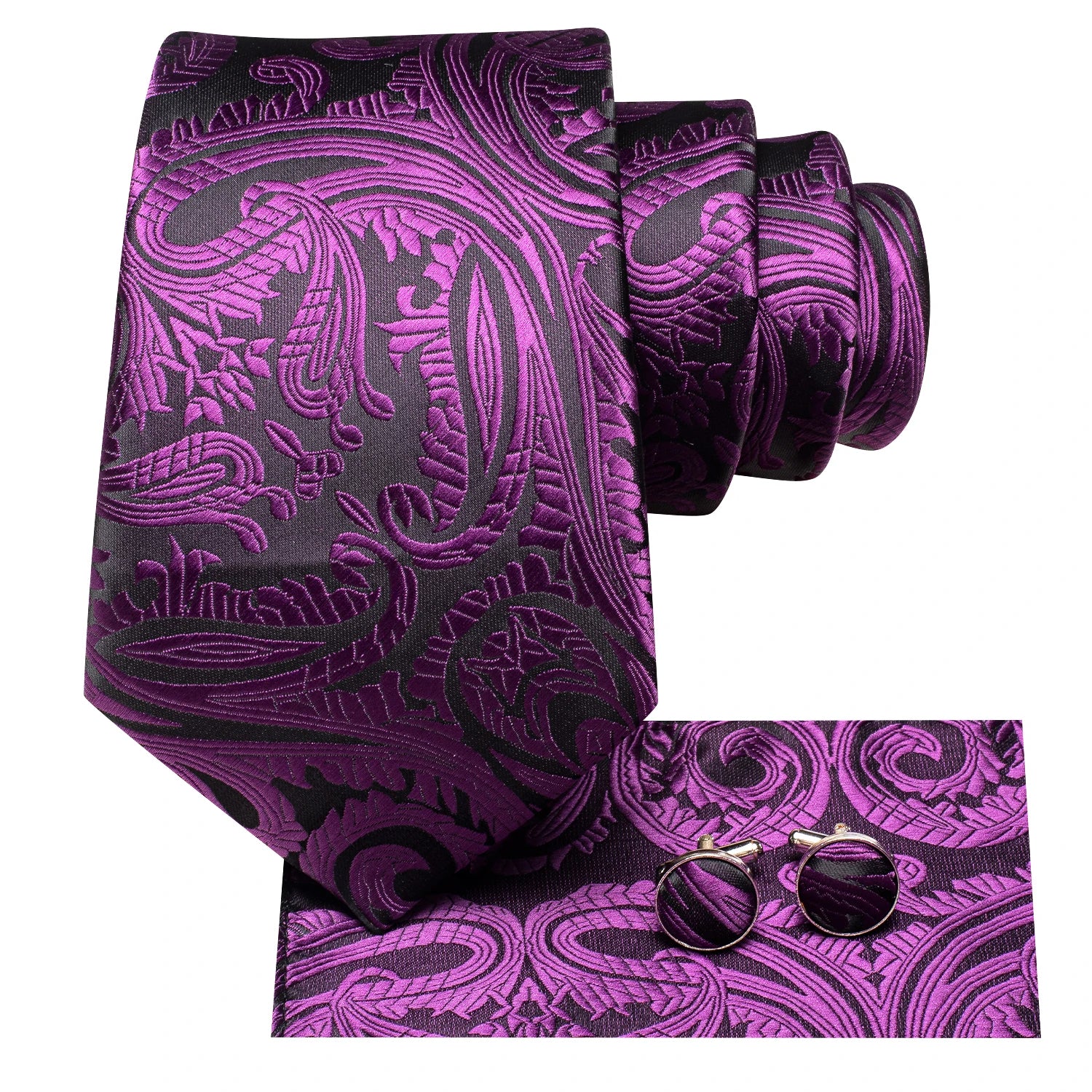 Conjunto de gravata paisley roxa de luxo masculino, caixa de presente com gravata, gravata borboleta, lenço, abotoaduras, anel, clipe de lapela e boutonniere.