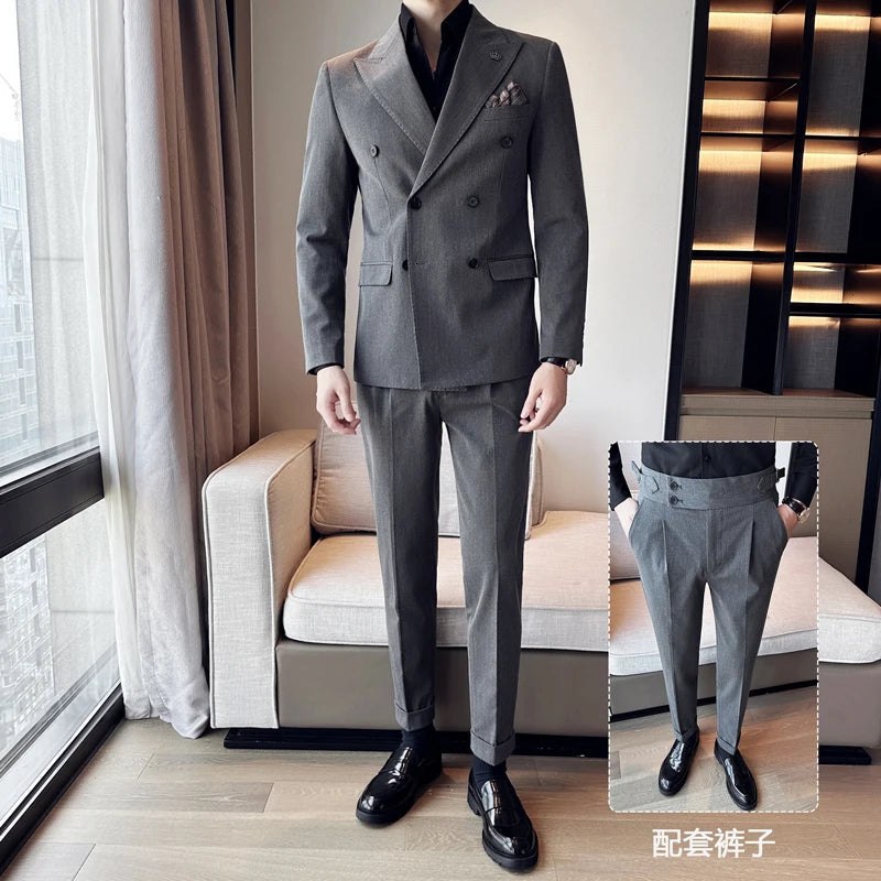 (Blazer + calças) moda duplo breasted design fino terno masculino estilo italiano luxo casamento festa social smoking 2 peça conjunto