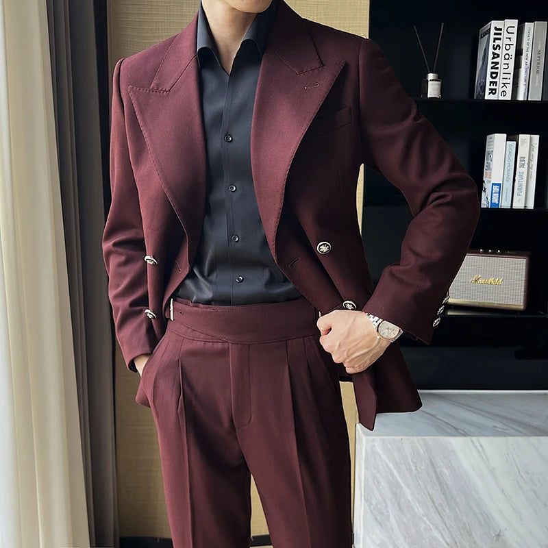 (Jaquetas + calça) moda duplo breasted design masculino terno estilo italiano luxo elegante negócios social vestido de casamento terno grosso 2 peças