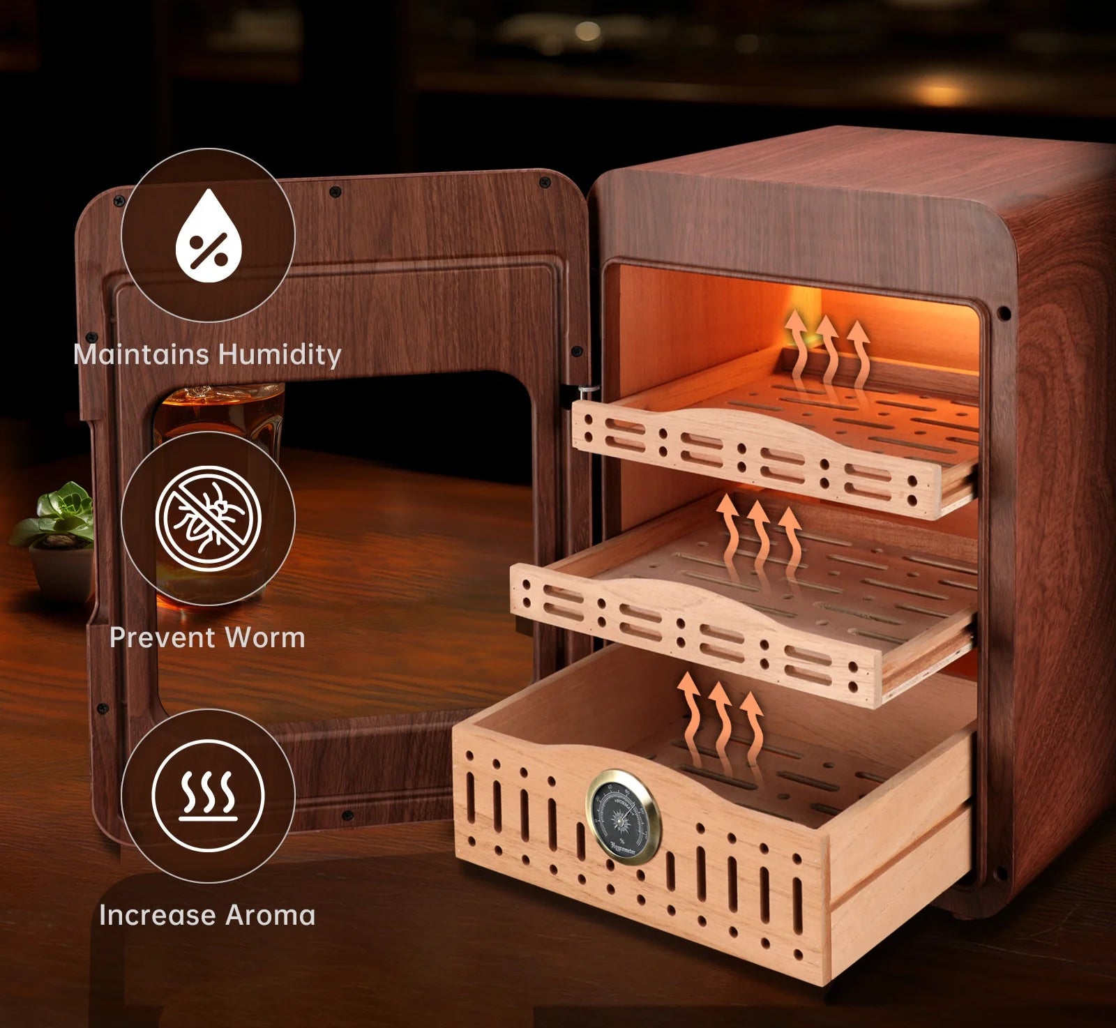 Umidificador de charutos XIFEI, armário de umidificador de charutos de até 150 charutos, umidificador de mesa com iluminação LED com prateleiras de madeira de cedro espanhol, higrômetro