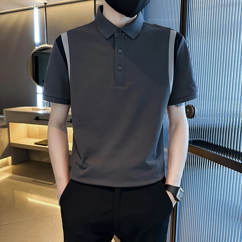 2025 verão nova emenda cor manga curta polos camisa de alta qualidade dos homens seda gelo fino ajuste casual camiseta roupas masculinas 4xl
