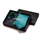 Gravatas luxuosas de seda com listras verdes escuras, acessórios de casamento, gravata masculina, bolso quadrado, abotoaduras, pino e caixa de presente elegante