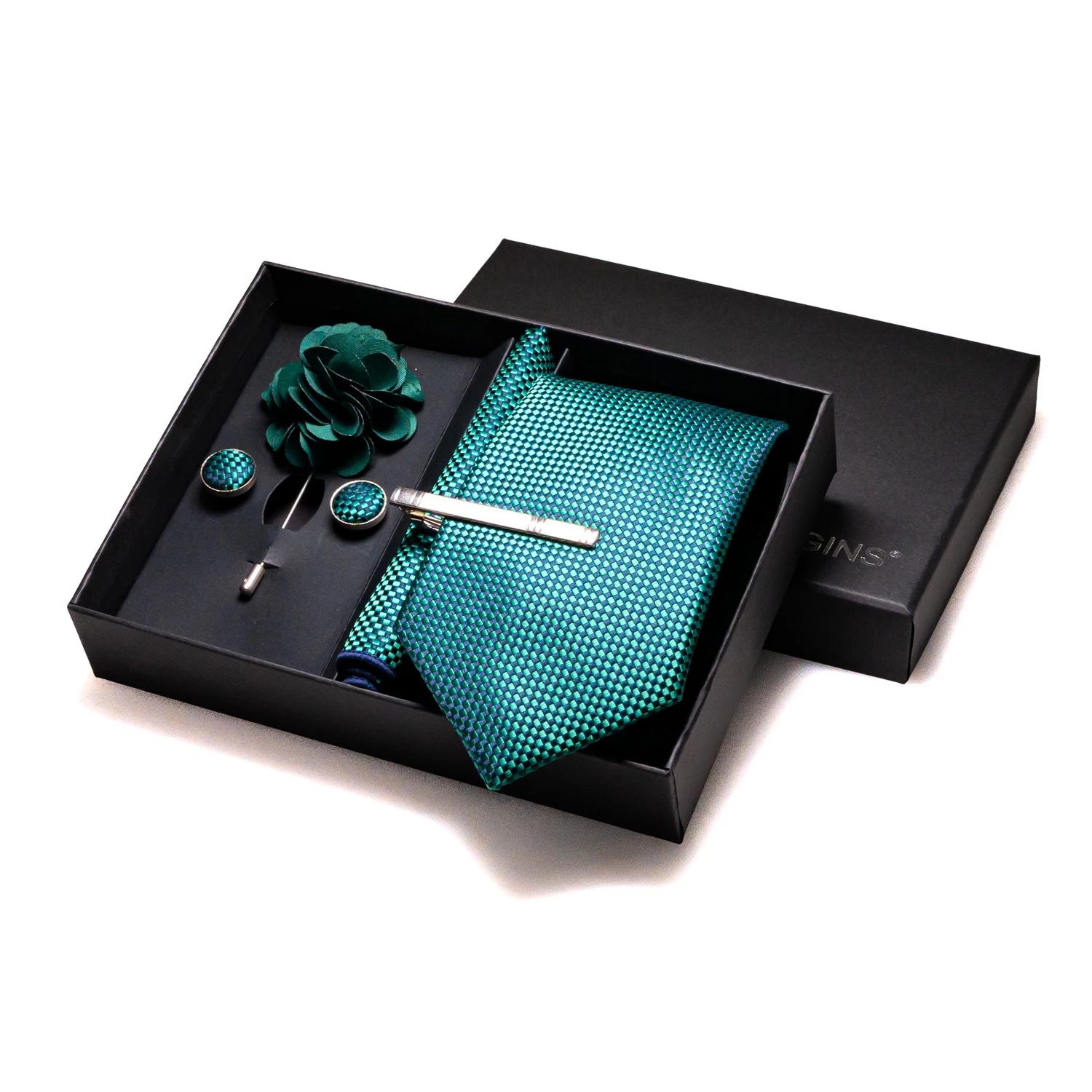 Gravatas luxuosas de seda com listras verdes escuras, acessórios de casamento, gravata masculina, bolso quadrado, abotoaduras, pino e caixa de presente elegante